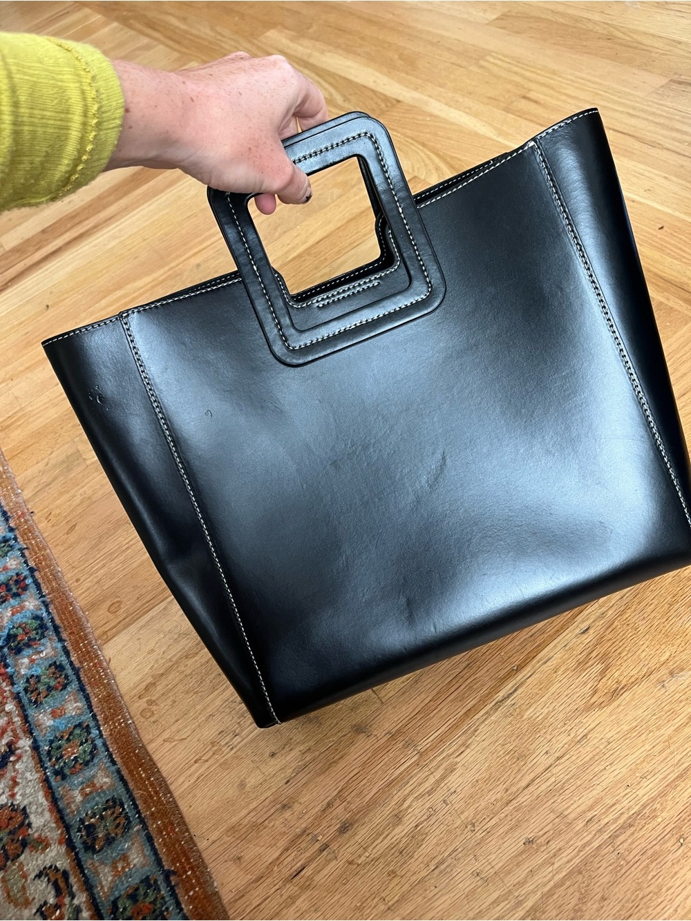 Staud Black Leather Structured Tote with Square Top Handles